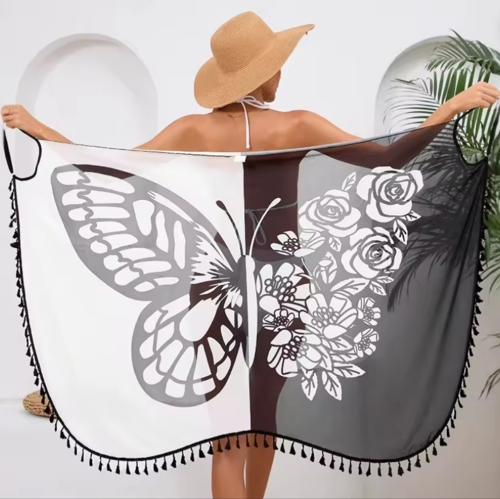 Swim Cover Dress NWOT Floral Butterfly W/Tassel Size XL